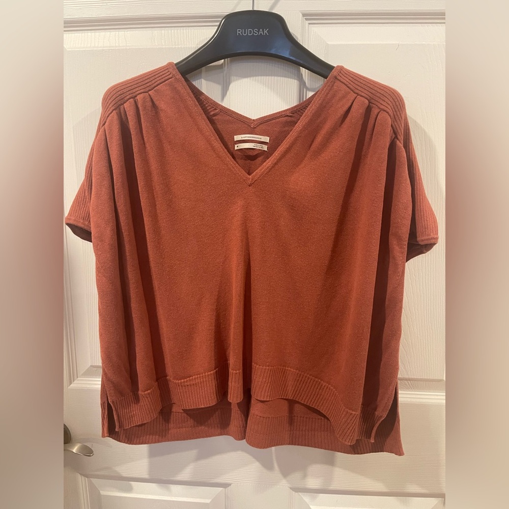 Antropologie Dolman Short Sleeve VNeck Top Rust brown XS oversized linen viscose